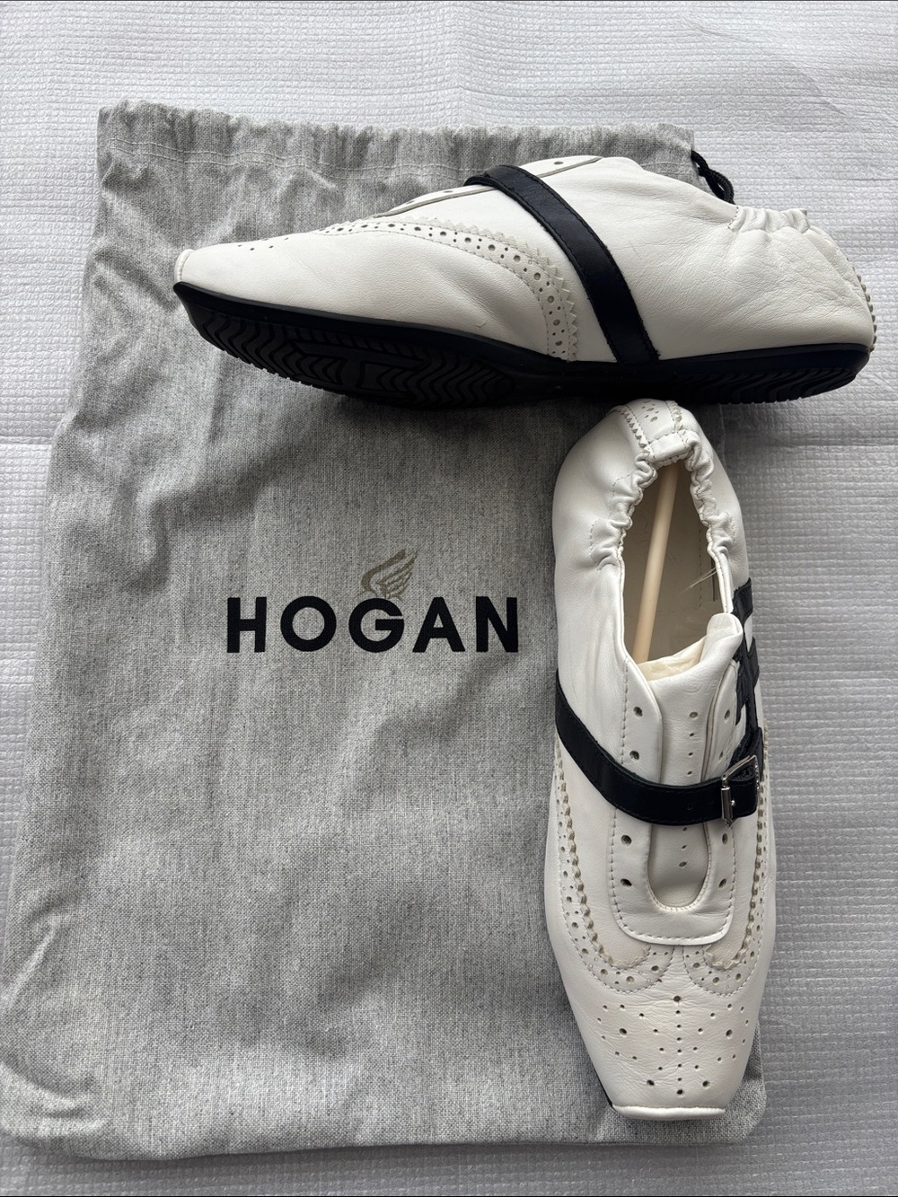 Hogan White Leather Slip-On Loafers with Black Strap